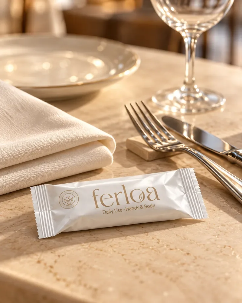 Ferloa-wikkel naast bord en bestek in een restaurant