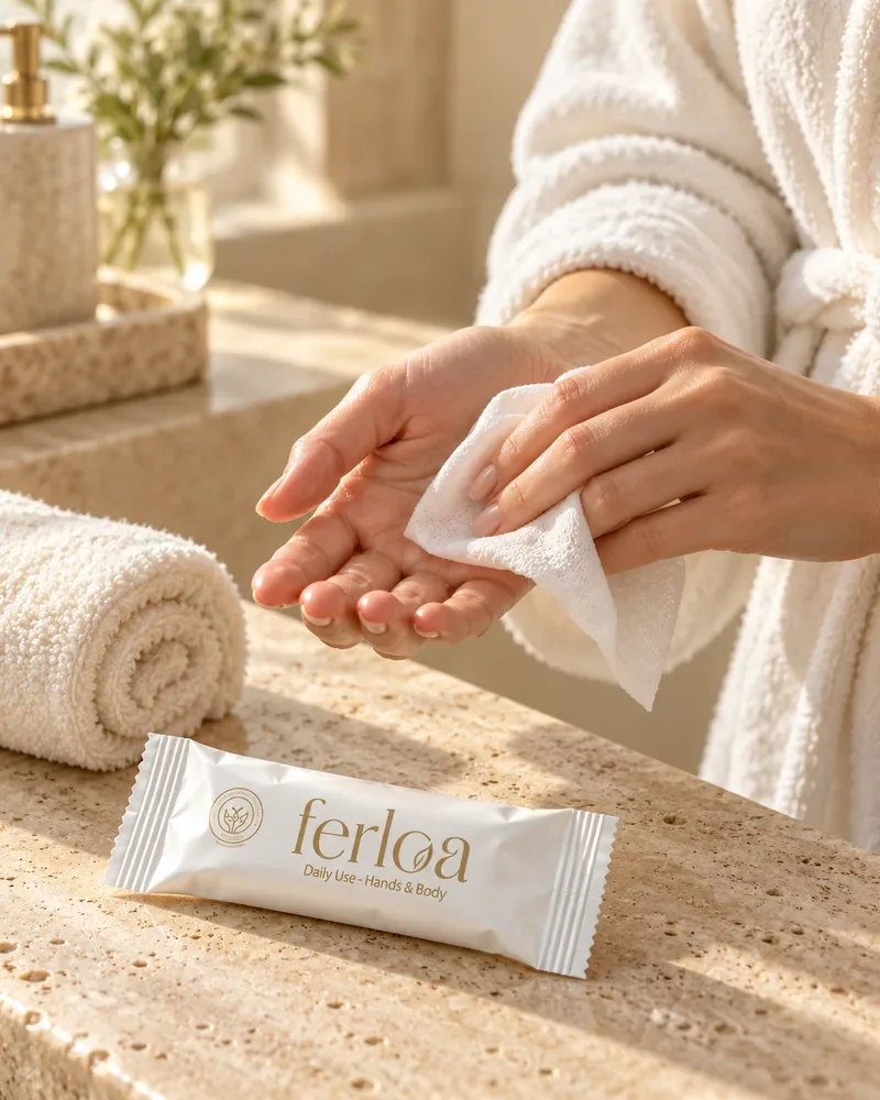 Handen opfrissen met een Ferloa-doekje in de spa